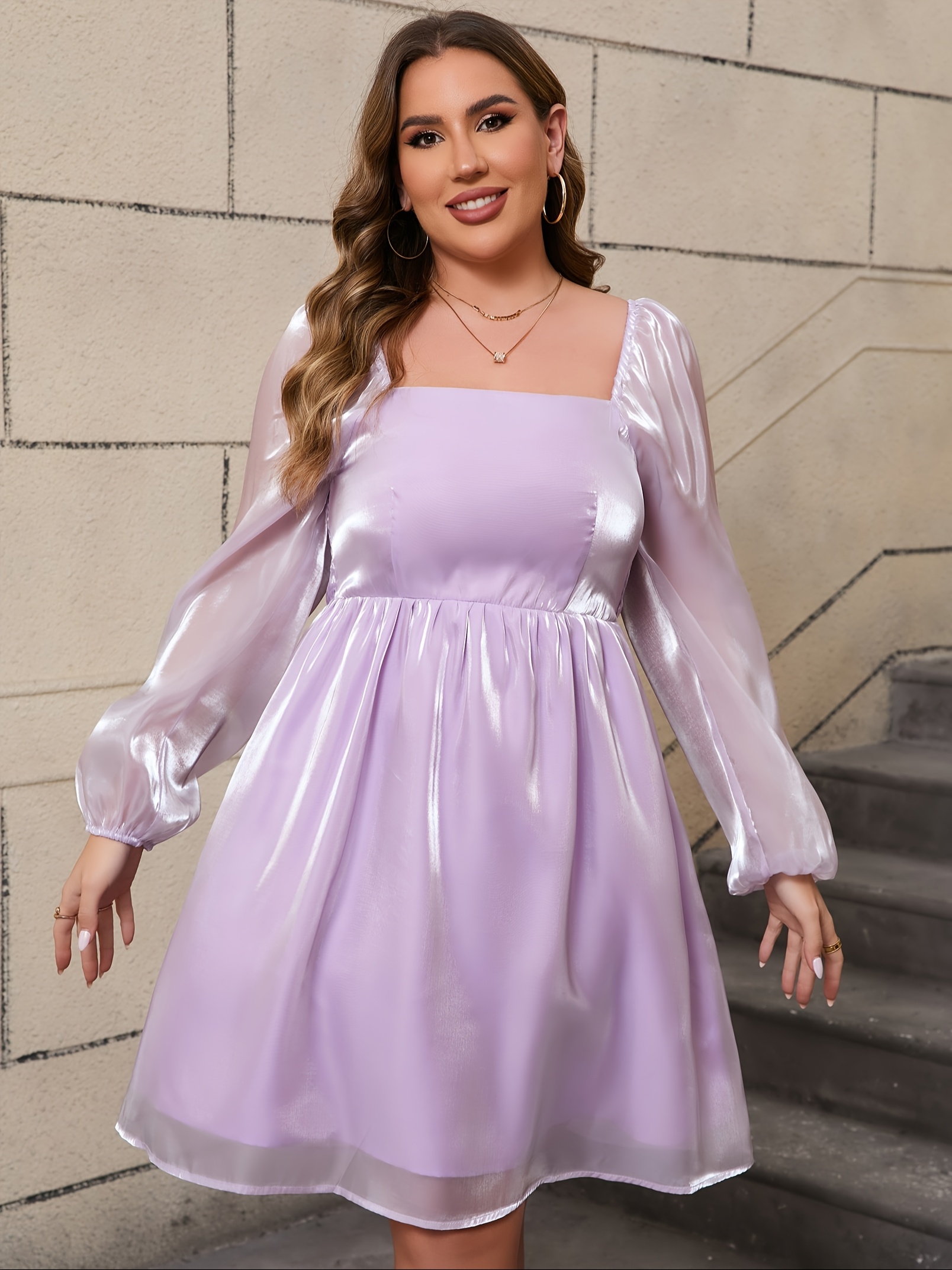 white fancy dress Modest Muslim Woman's Empire Waist Shimmery Tulle Dress - 36229