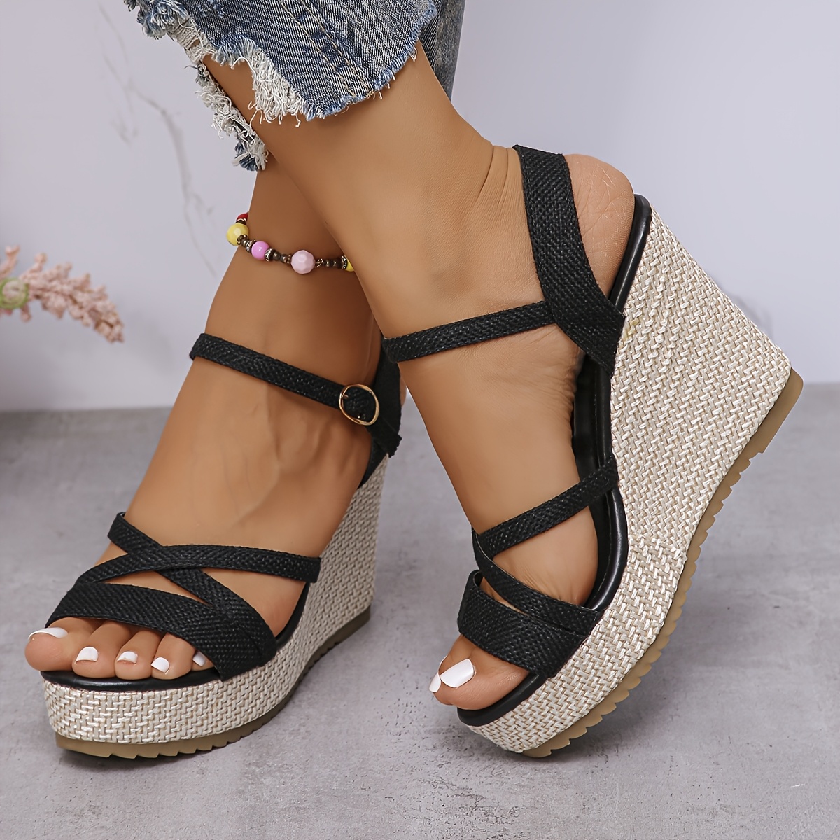 Women's Black Wedge Sandals - Thick Platform Open-Toe Summer Shoes with Ankle Strap, Breathable Fabric Upper & Non-Slip Rubber Sole for Casual Outings, Beach, Office, Ladies Shoes And Sandals, Beach Footwear, Crisscross Ankle Straps, Comfortable Fit
