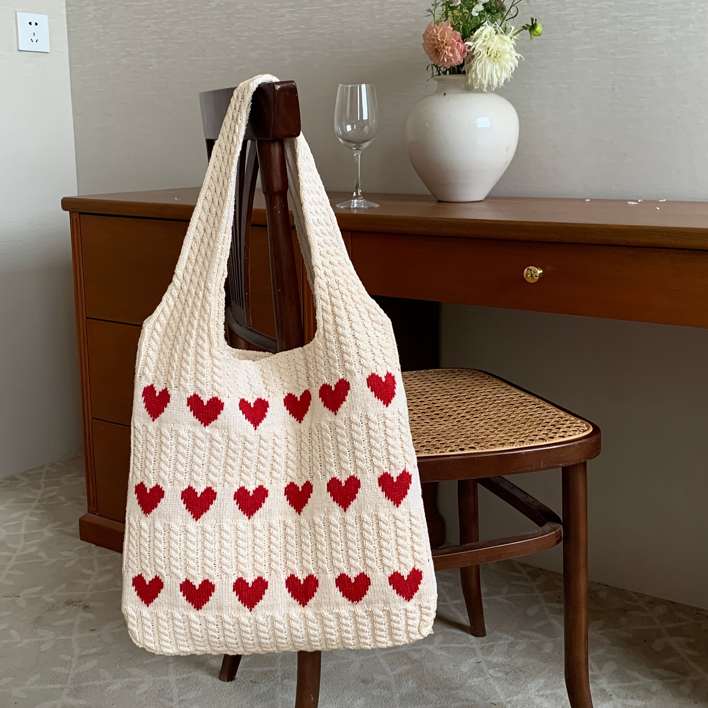 TEMU New Knitted Heart Pattern Tote Bag - Shoulder Bag, Valentine's Day Gift, Handmade And Unlined, Elegant And Durable Shopping Bag