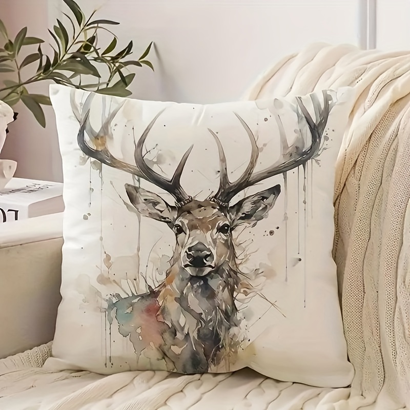 

Style Deer Head Print Throw Pillow Cover, 1pc, Machine Washable, Zipper Closure, Polyester Decorative Cushion Case For Home, Sofa, Car, Bedroom, Living Room Decor - 45 X 45cm