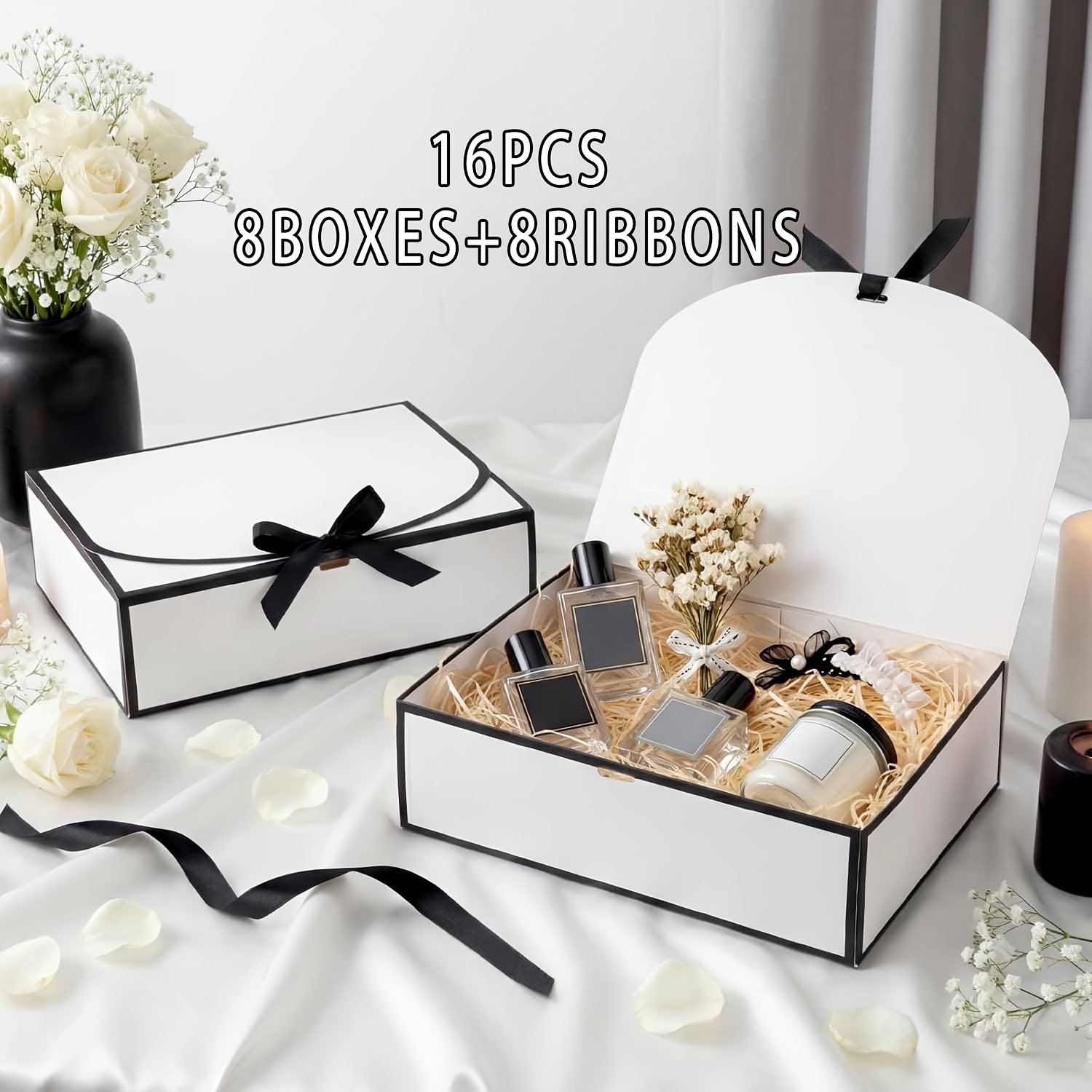TEMU Gift For Her/him 16pcs (8 Gift Boxes, 8 Ribbons) New High-end Black Spring -edge Bowknot Favor Gift Boxes, Easy And Light Luxury Business Gift