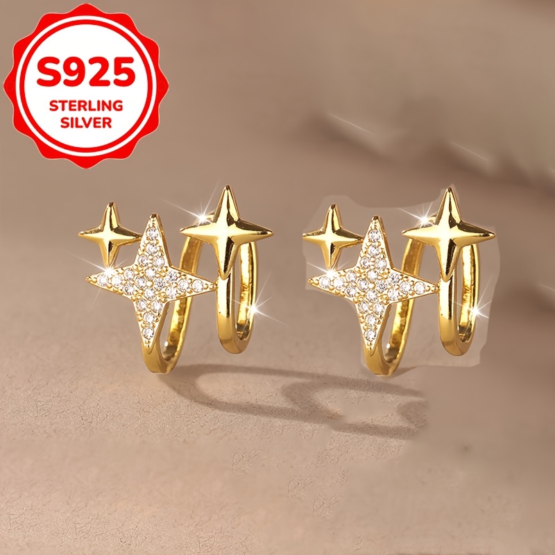 2pcs Women's S925 Sterling Silver Star Clip-On Stud Earrings