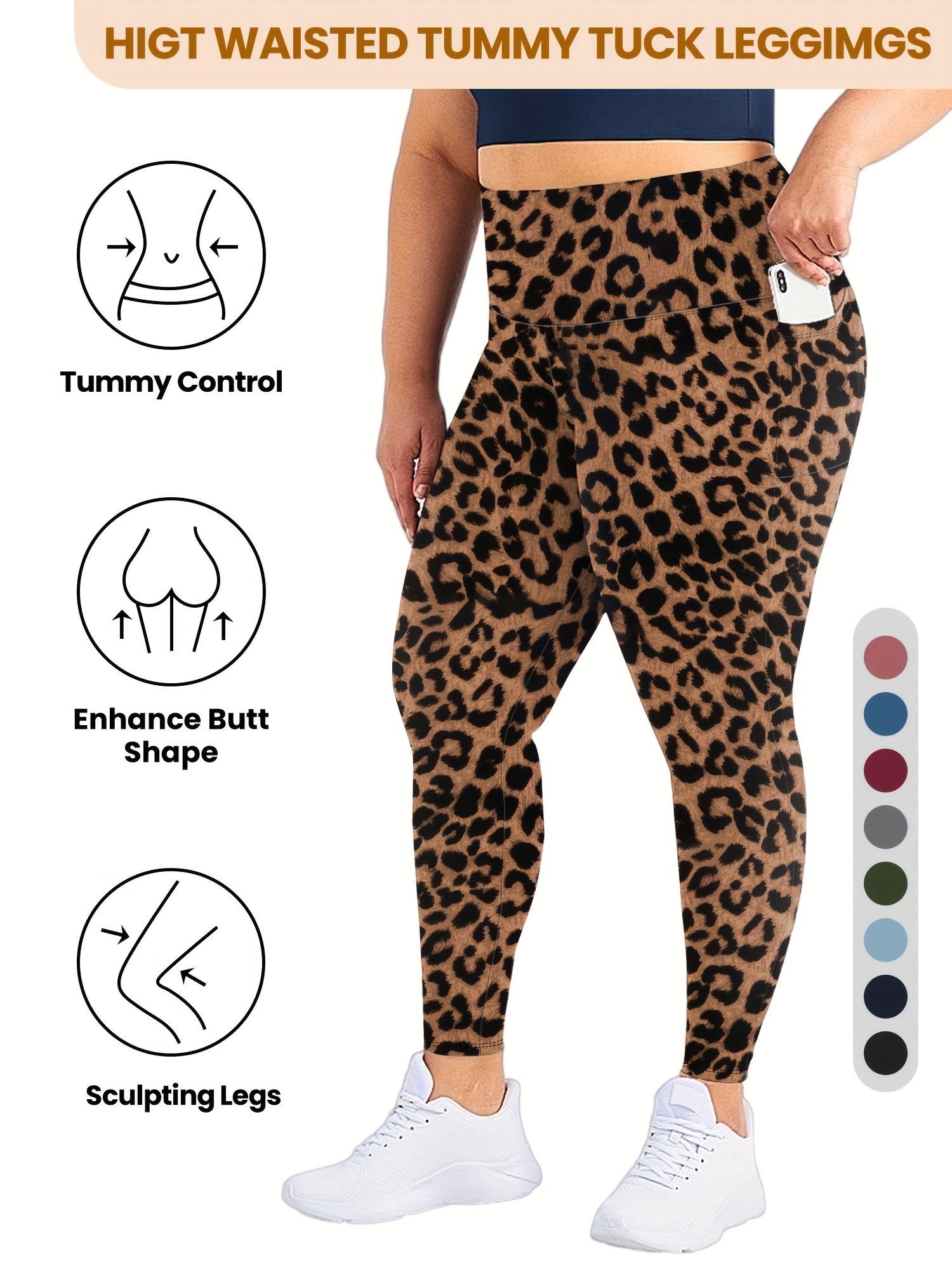 Plus Size High Waist Yoga Pants with Side Pockets - 88% Polyester 12% Elastane Stretchy Tummy Control Leggings, Sculpting Workout Gym Activewear for Women, All-Season Comfort (Machine Washable)