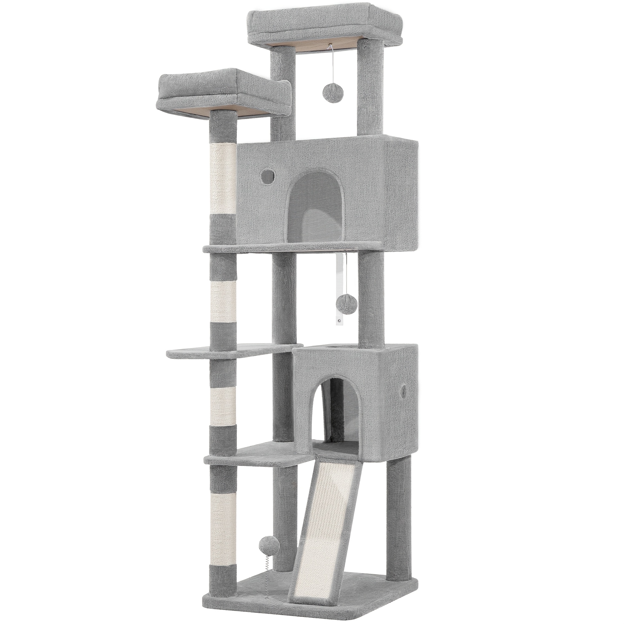 Large Cat Tree Tower | 178cm Indoor Cat Tree With Multi-level Climbing Frame, Scratching Posts, Scratch Board, 2 Comfy Condos, 2 Perches, Pompoms, Rest - Wood, Hzuaneri Brand