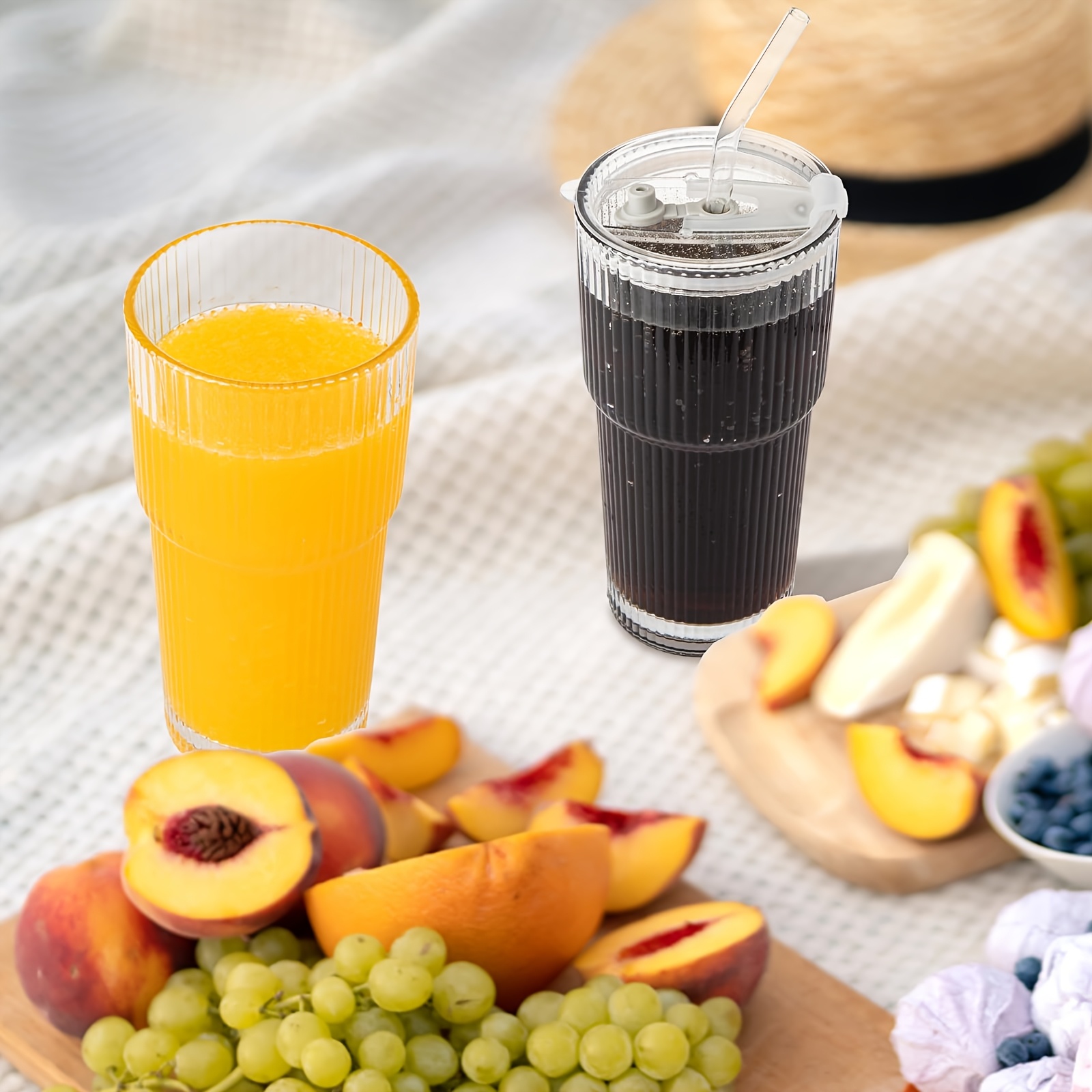 2pcs 20 oz ribbed glass tumblers with lids and glass straws 4piece glassware set thickened glass ideal for iced coffee smoothies cocktails and juices elegant and durable drinkware Product details 4