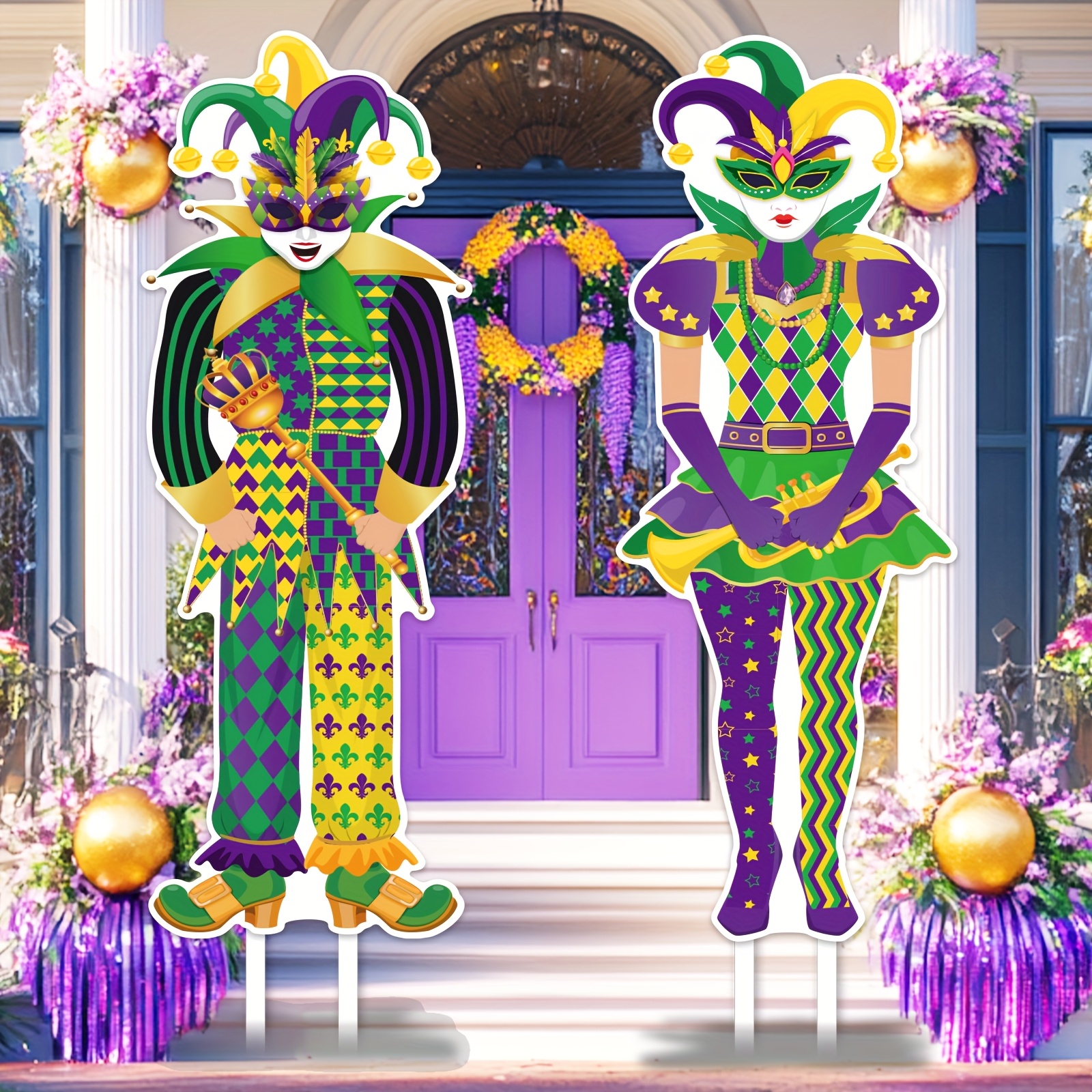 

2pcs Panneau de Jardin Extérieur Mardi Gras Martiglas Masque de Mardi Gras, Chapeau, Clown, Couronne Décoration de Fête de Carnaval Convient pour Route, Jardin, Panneau de Jardin 31.5in*12.5in