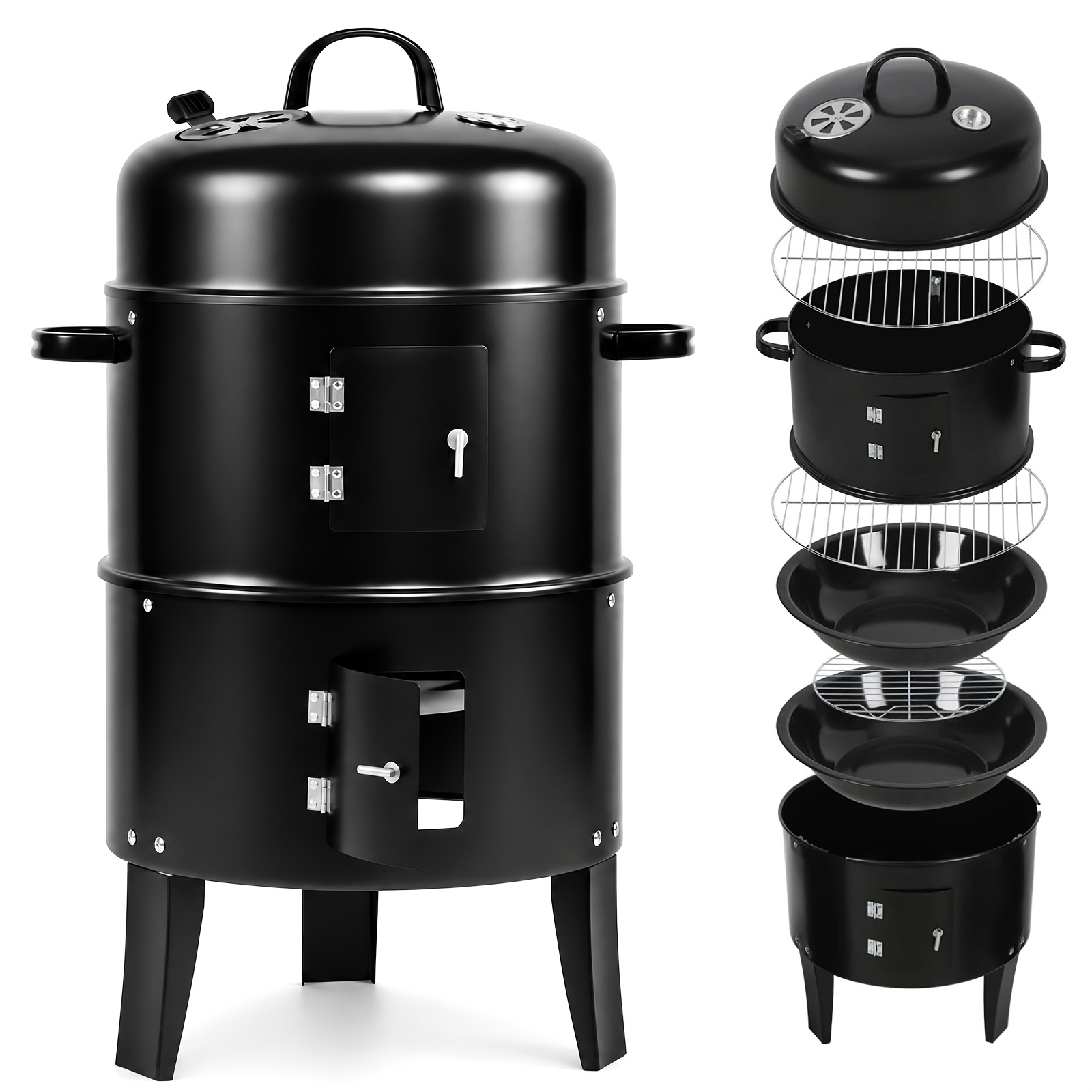 Image of Grill, Bbq With Thermometer, For Easy-to-clean Grates, Detachable Design For Easy Carrying, Charcoal Perfect For Summer Bbqs And Camping Parties, Without Battery