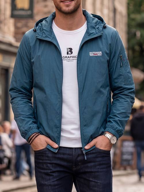 mens casual hooded jacket lightweight spring outdoor full zip coat style windbreaker active for daily wear