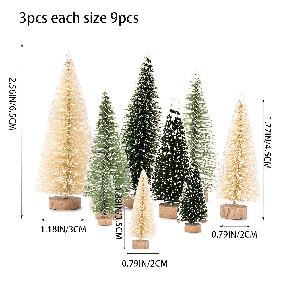 TEMU 9pcs Mini Artificial Christmas Trees, Golden, Dark Green, Green Snow-dusted Bottle Brush Trees With Wooden Base, Small Tabletop Xmas Ornaments