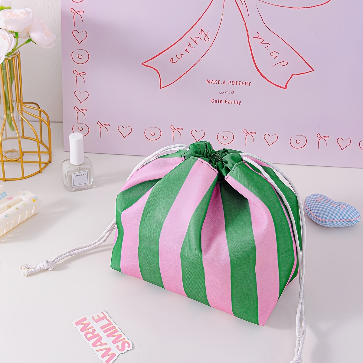 TEMU Striped Drawstring Bag, Beach Vacation Makeup Bag, Lazy Casual Storage Bag, Gift For