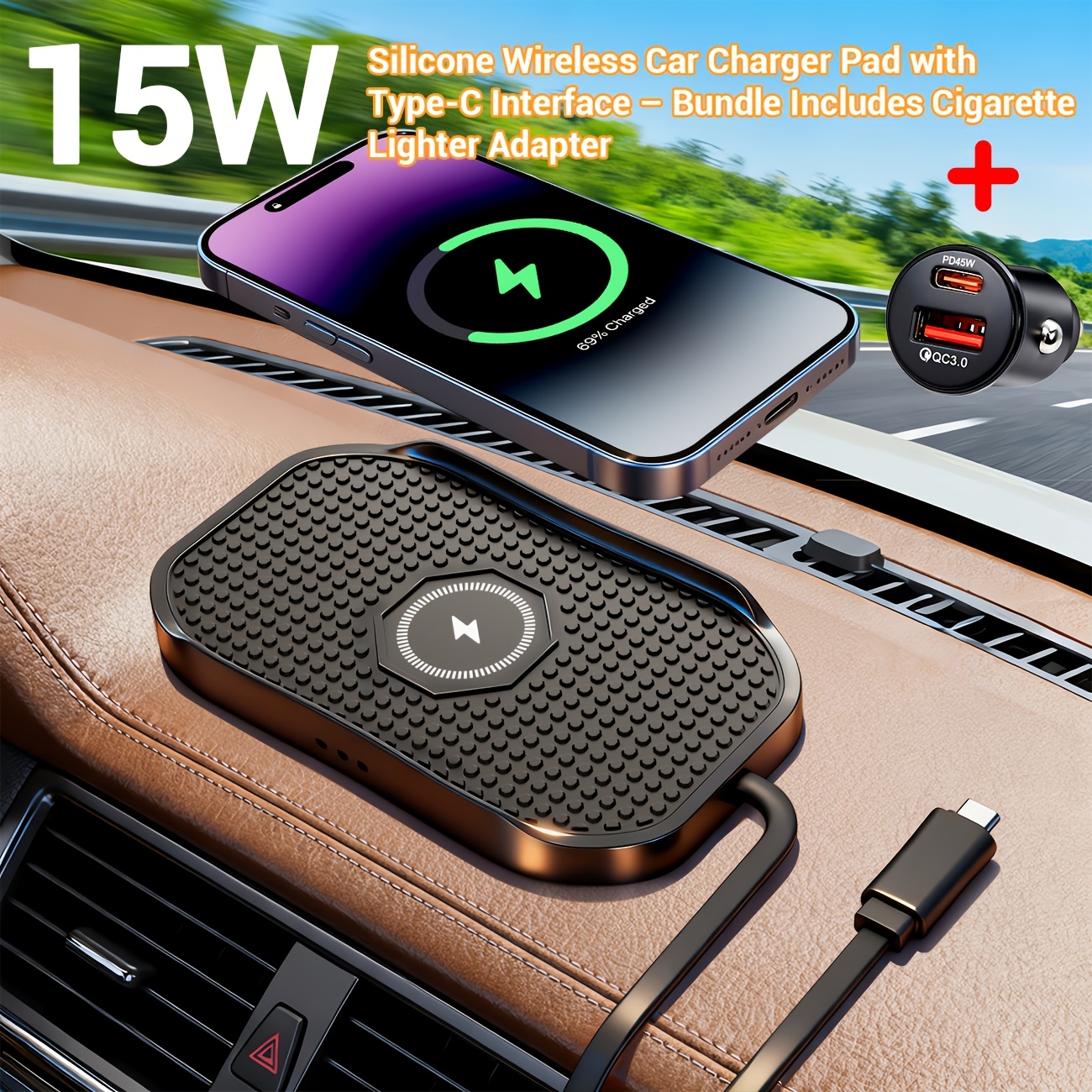 wireless charger cigarette lighter Wireless Car Charger Pad with Fast Charging Capabilities of 15W/10W/7.5W *  a PD45W Car Charger with a Car Plug, Features a Non-Slip Silicone Design,  And Serves As a 2-In-1 Wireless Charger for *