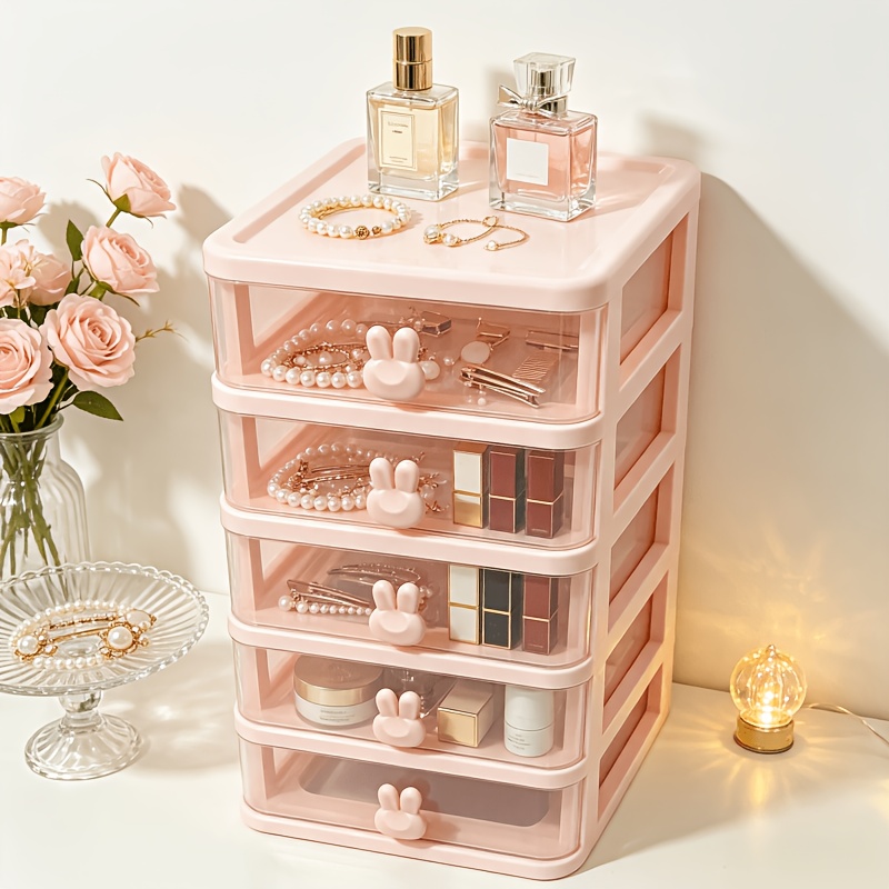 TEMU Organisateur de bureau à 5 tiroirs rose avec boutons lapin mignons, boîte de rangement en plastique transparent pour papeterie de bureau, rouges