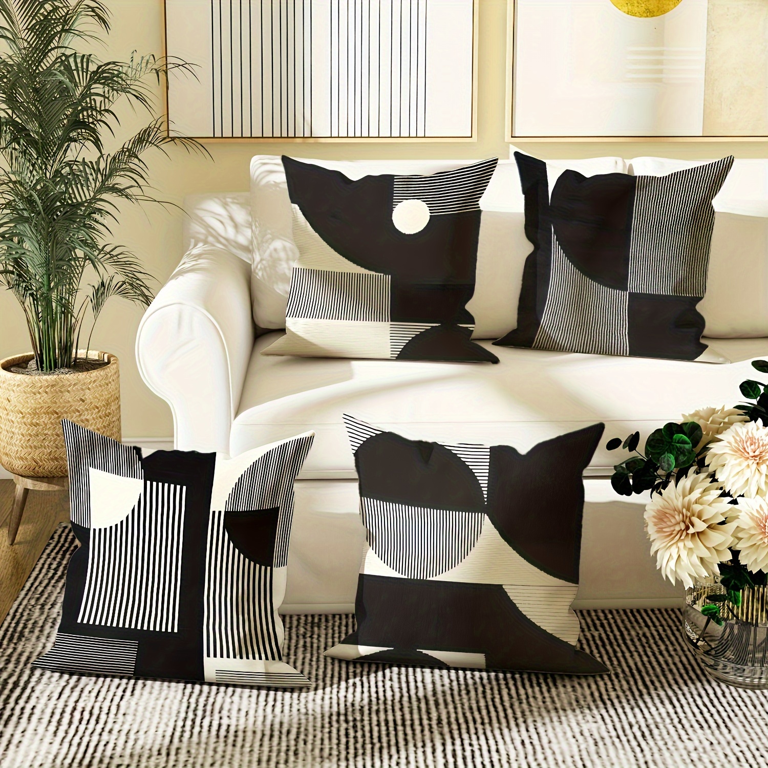 

4pcs Set Boho Chic Geometric Black & White Throw Pillow Covers, 18x18 Inches - Zippered Polyester Cushion Cases For Living Room, Bedroom, Sofa Decor - Machine Washable