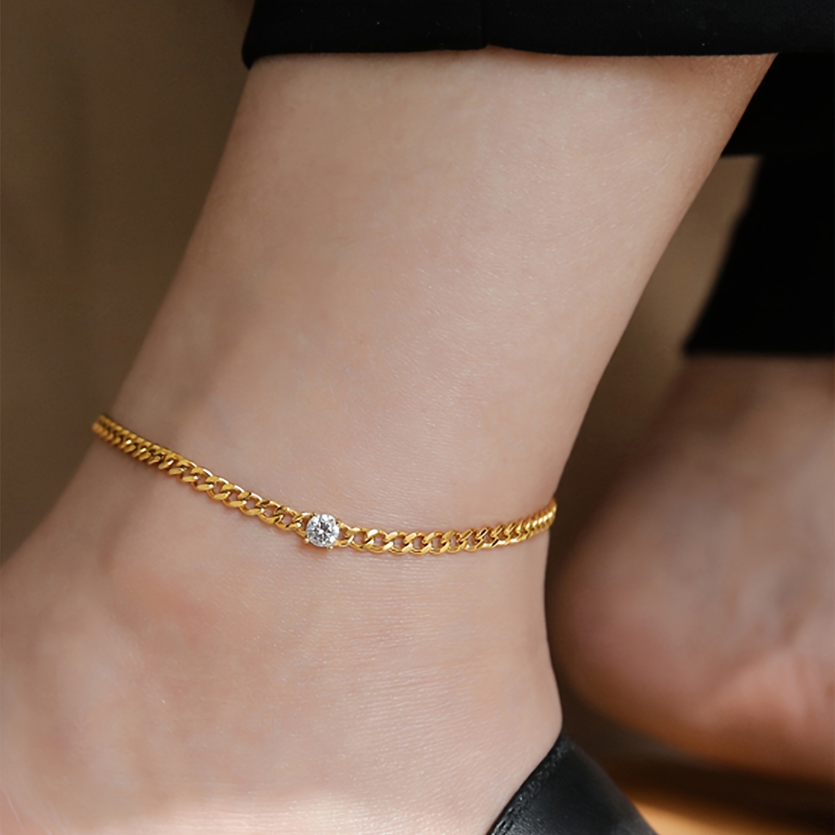 E-shop Eine Damen-Fußkette, eingelegt mit Cubic Zirconia, Kubanische Kette, Edelstahl, wasserdicht, geeignet für Strandurlaube