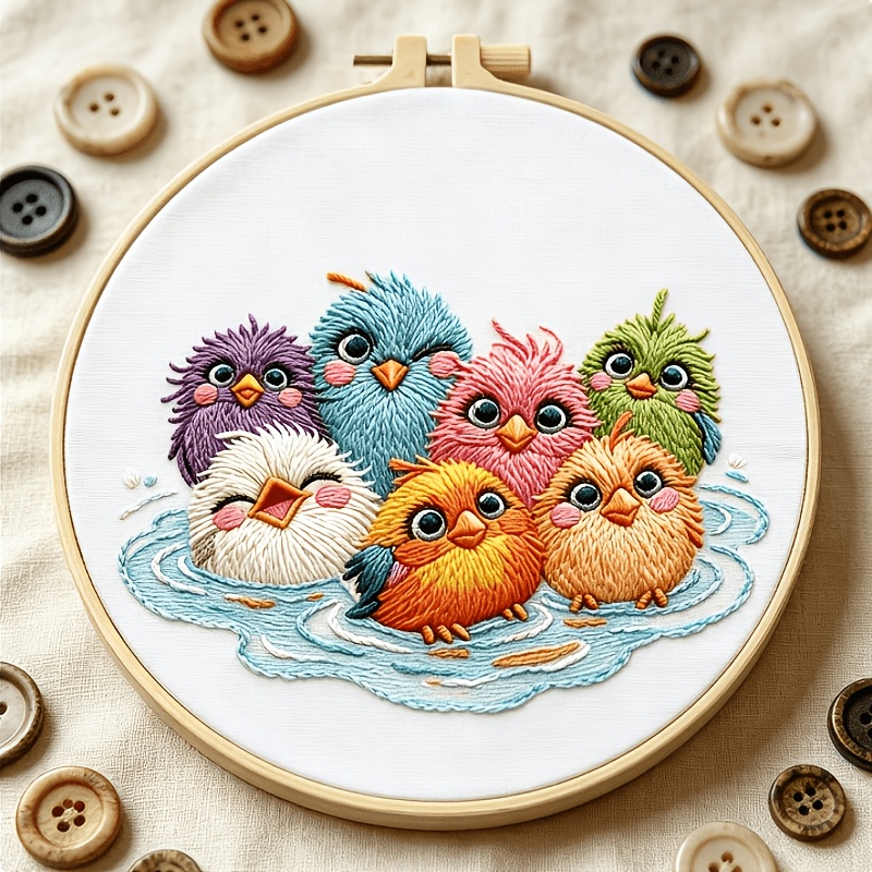 Cute Animal Print Embroidery Kit, Matching Bird Bubble Bath Pattern