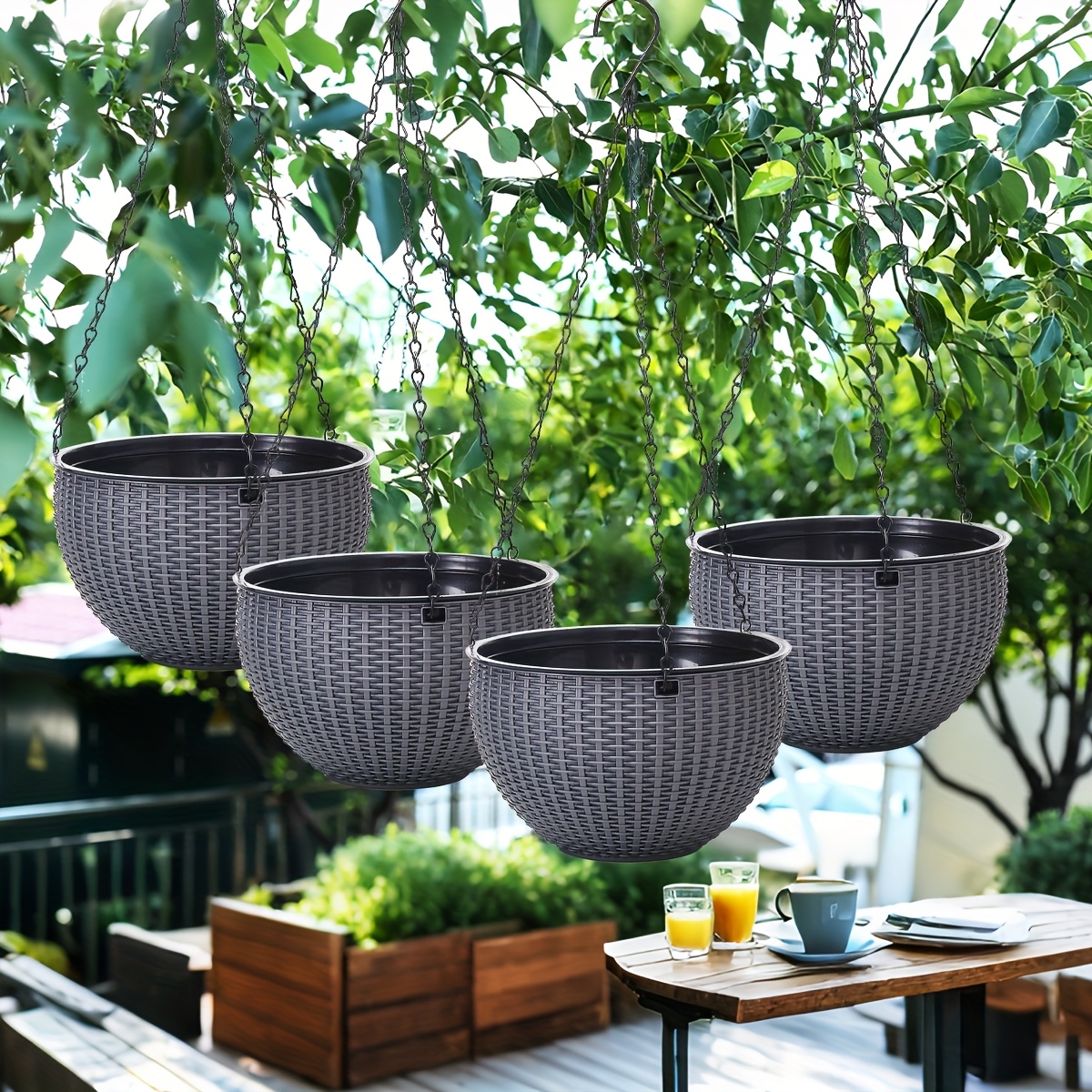 4 buc coșuri suspendate  , ghivece din plastic cu model rattan, cu   de drenaj și cârlige cu lanț -   pentru utilizare în interior și exterior, rezistente la intemperii, ghivece de interior și exterior | coșuri decorative suspendate | coșuri din plastic  , coșuri suspendate pentru plante 0