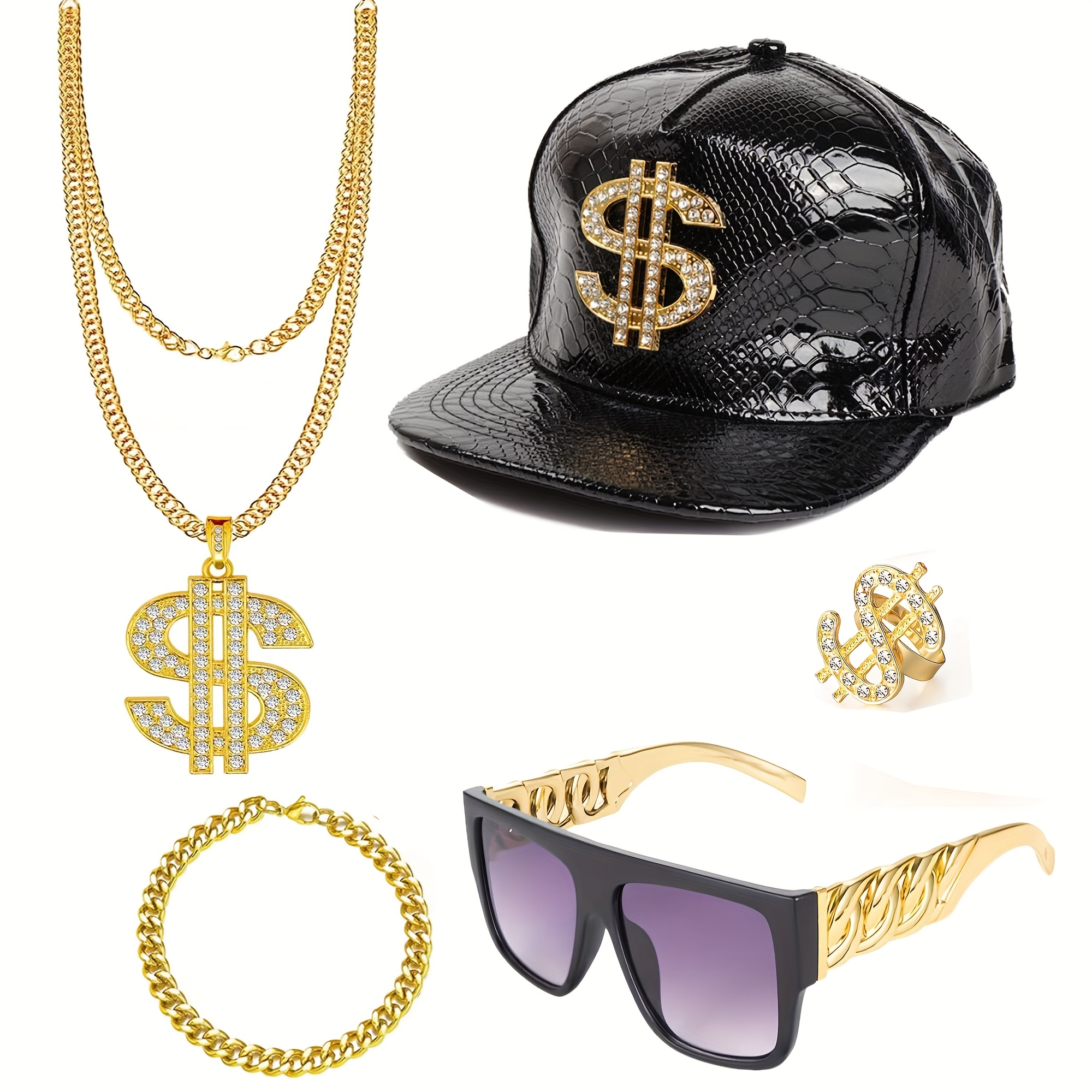 Lot De 8 Costumes De Proxénète, Tenue Des Années 80 Et 90 Pour Homme, Costume Hip Hop, Accessoire De Rappeur Hip-hop, Collier Dollar, Bague En Or, Lunettes De Soleil, Chaîne En Or