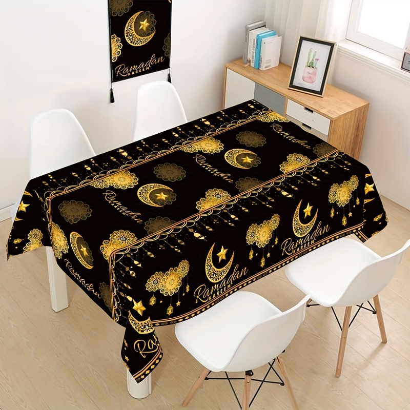 

1pc Ramadan Themed Disposable Plastic Tablecloth, Black & , Lantern & , 130x220cm, Machine-made Table Cover For Eid Al-fitr & Eid Al , Home & Party Decor