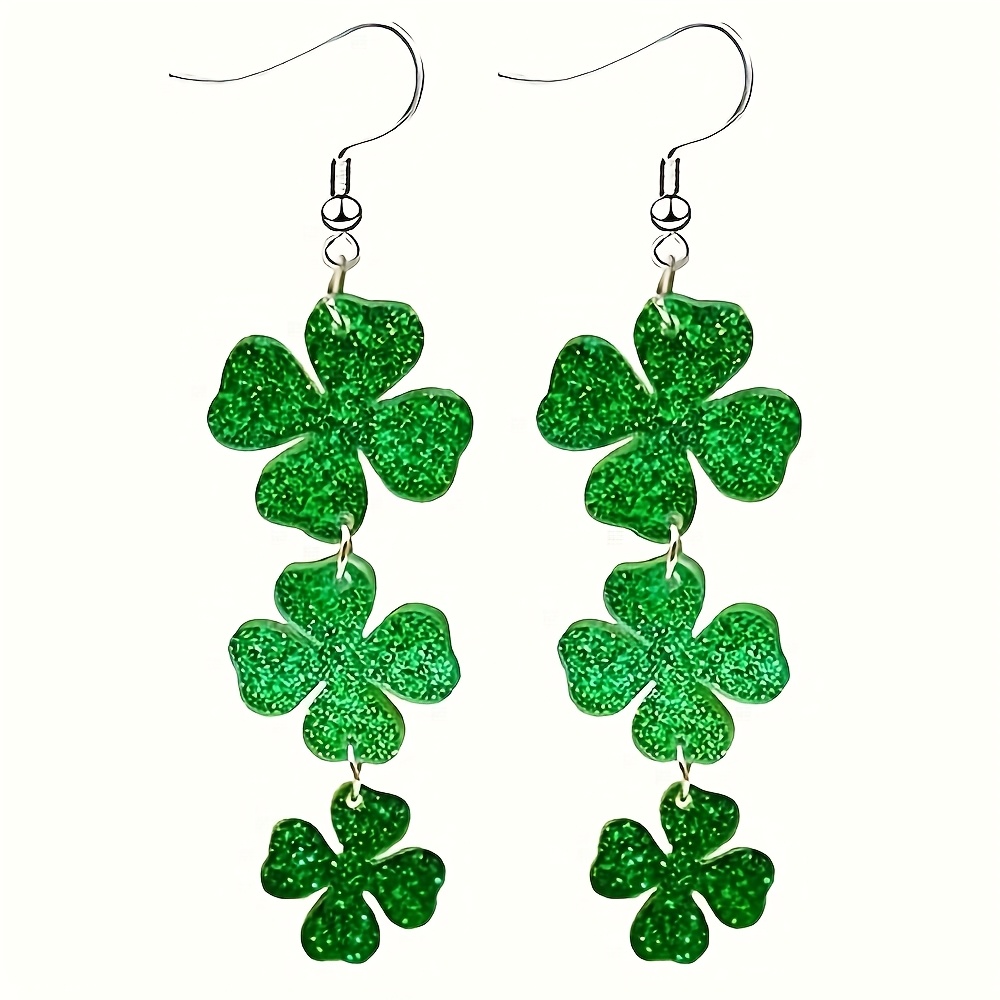 Image of 1 Pair Vintage Style 's Day Boot Irish Earrings, Acrylic Dangle Drop With Stainless Steel , Glittery Shamrock Design, For , Quirky Earrings