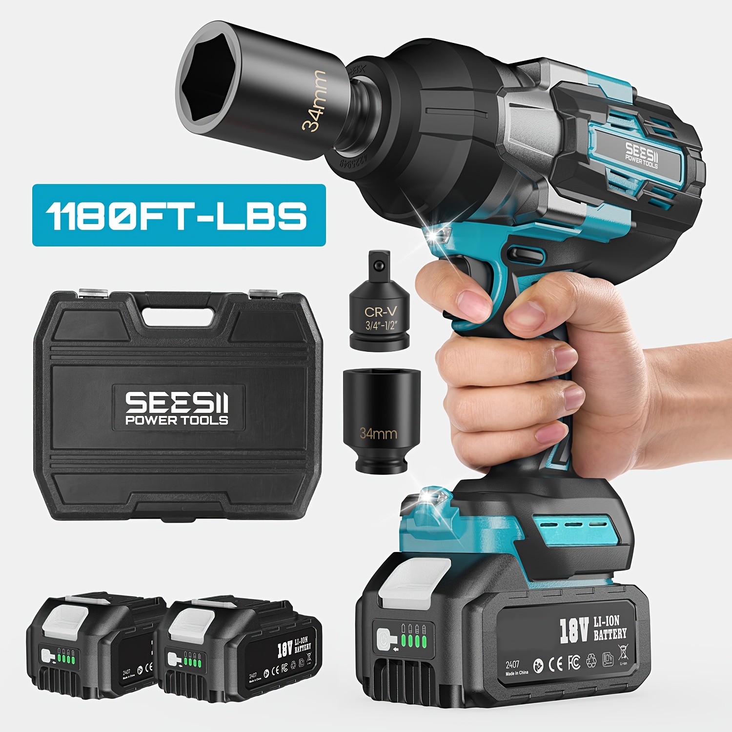 Image of Seesii 1600 Nm Cordless Impact Wrench, 3/4-inch Impact Wrench Battery With 2 4000mah Batteries, 3-speed Gearbox, External Square Socket, 3/4-inch To 1/2-inch Bit Adapter, 34mm Impact