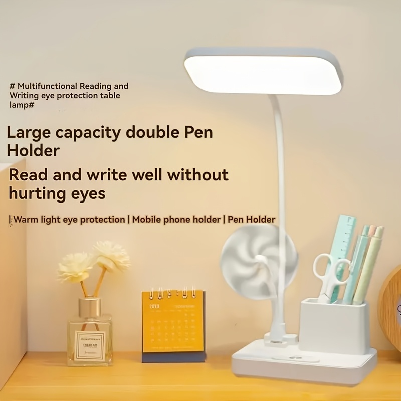 

1pc Modern Led Desk Lamp With Pen Holder, Mobile Phone Stand & Usb Fan Compatibility, , Mode (battery/usb), Rechargeable Lithium Battery, Indoor Use Tabletop Reading Light