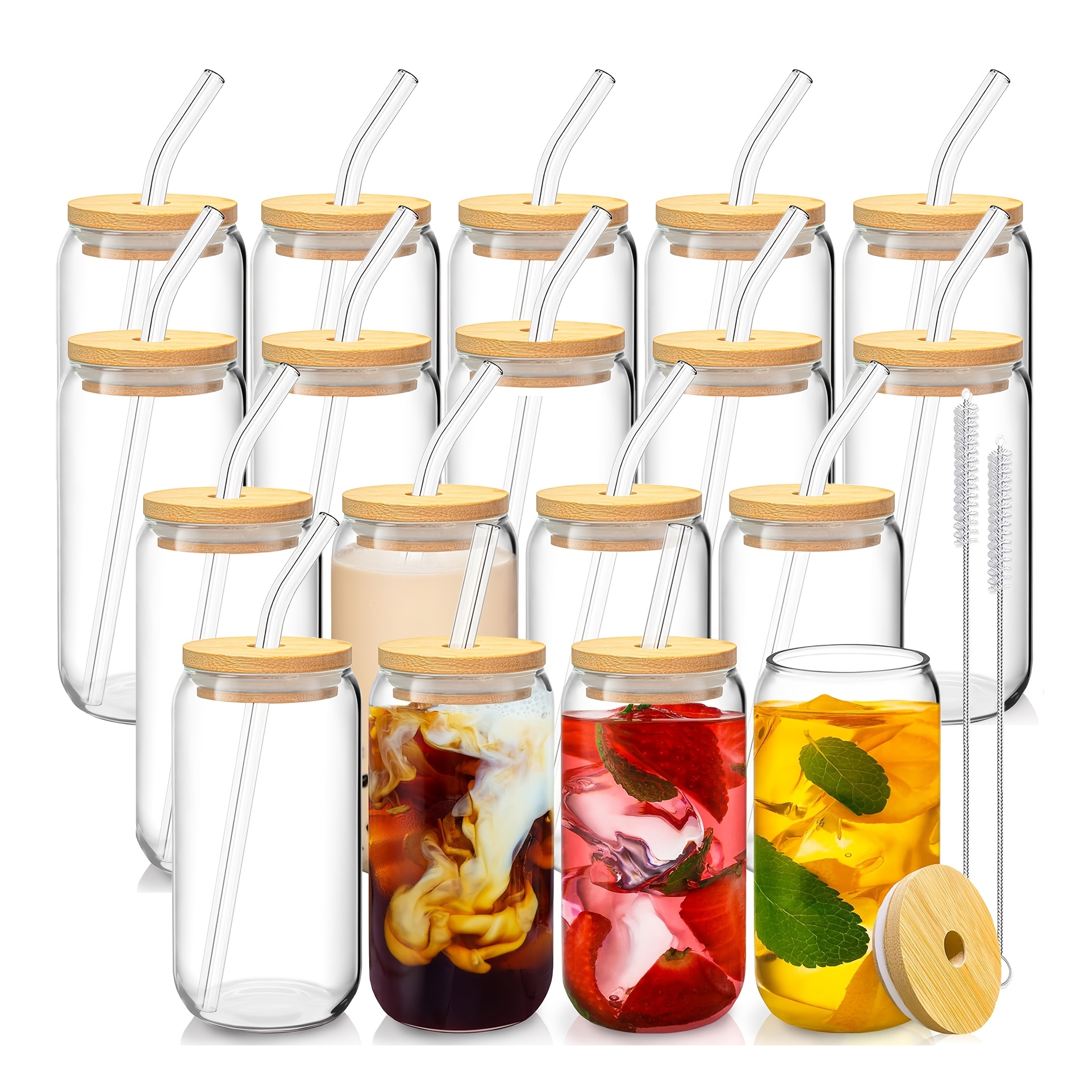 TEMU 12pcs/18pcs Glass With Lid, Straw, And Straw Brush, 470ml/16oz Iced Coffee Cup, Borosilicate Glass, Dishwasher Safe, Ideal For Cocktails,