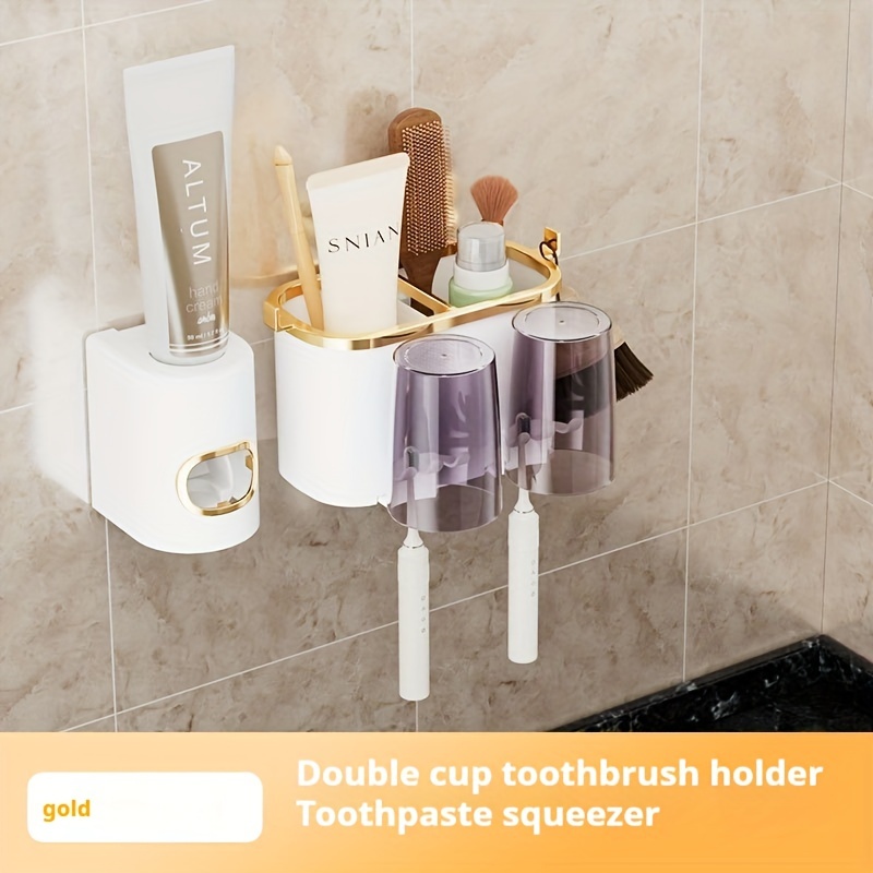 

Wall-mounted Toothpaste Dispenser With Toothbrush Holder - Pvc Bathroom Organizer Set With Gargle Cups, Formaldehyde-free, Power-free, Battery-free