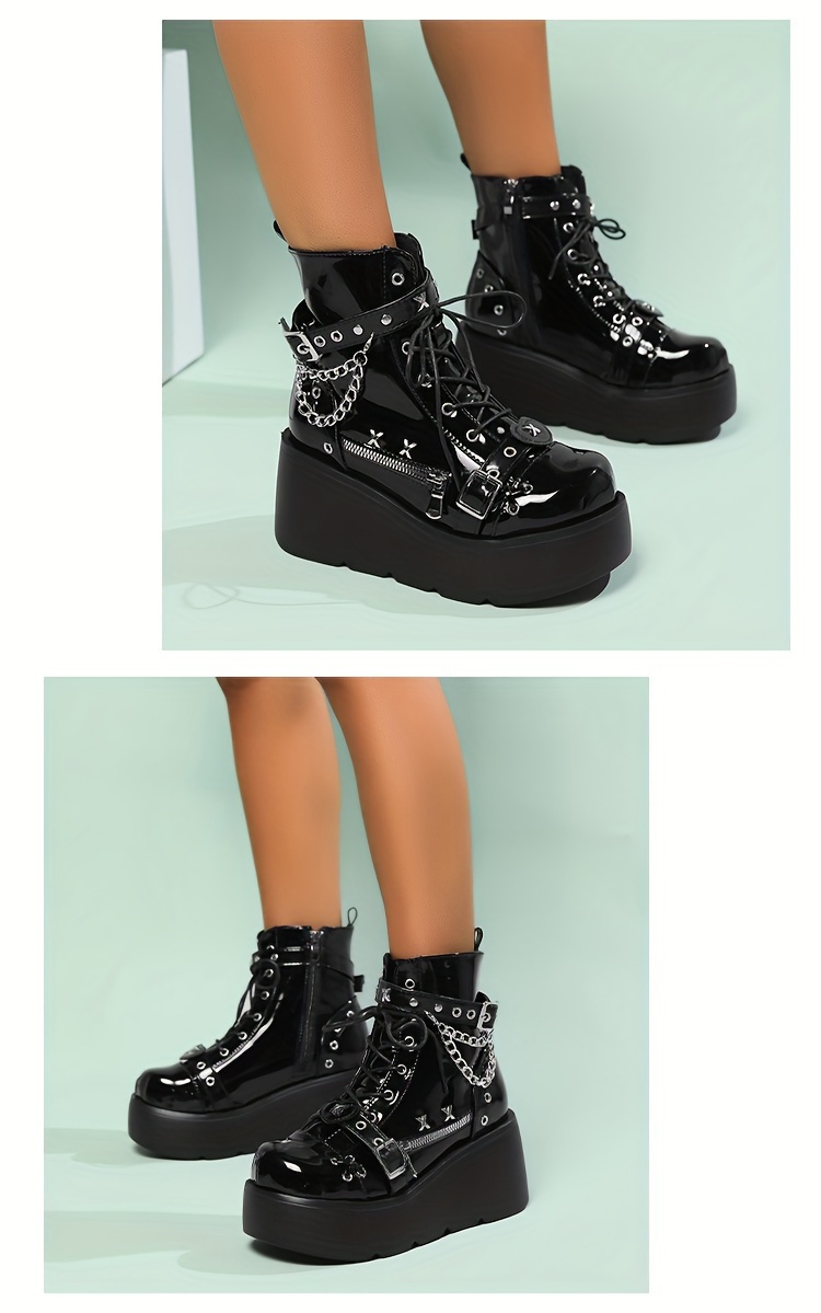 Women's Platform Punk Ankle Boots ゴシックスタイルのパテントレザー 