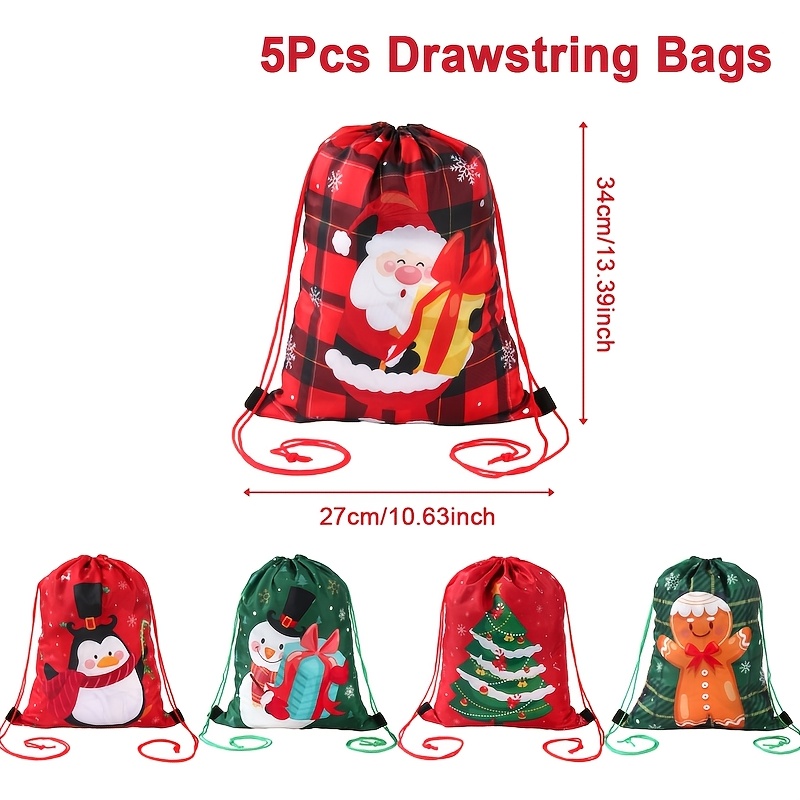 TEMU 5pcs, Christmas Drawstring Bags, Santa Claus, Penguin, Snowman, Christmas Tree And Gingerbread For Man Patterns Gift Bags, Xmas Party Backpacks,