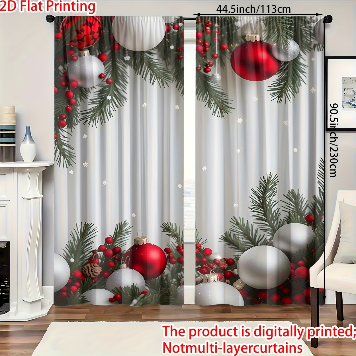 TEMU 2pcs, 2d Flat Print Polyester Material Hd Digital Printed Christmas Theme Decorative Curtains With Holly And Pattern, Suitable For Bedroom,