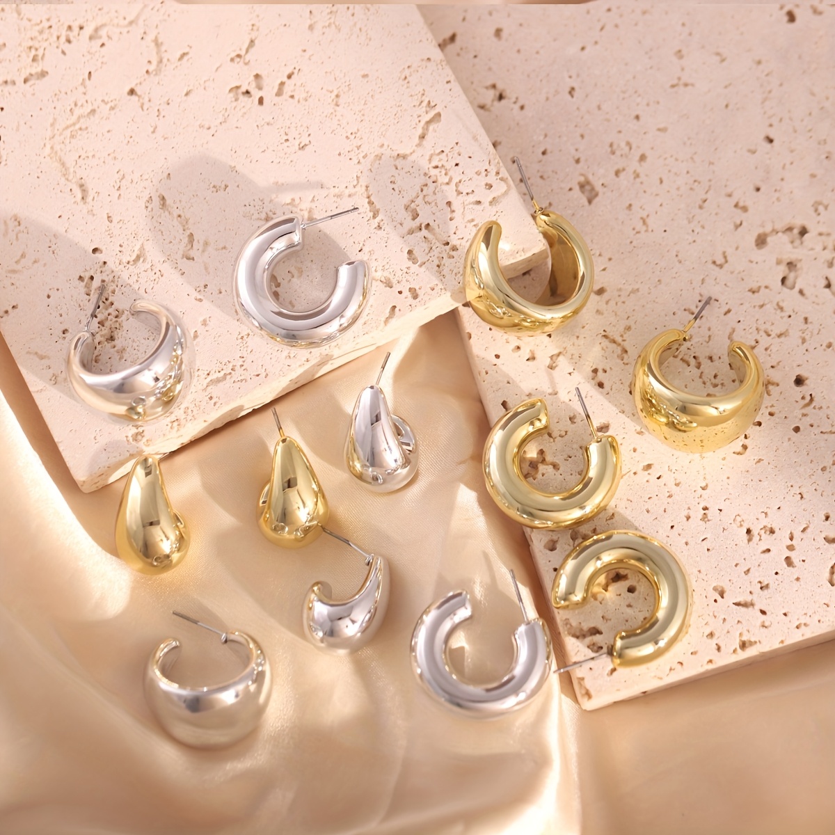 12pcs Teardrop & C Shaped Earring Set Chunky Acrylic & Iron Studs Parties Casual