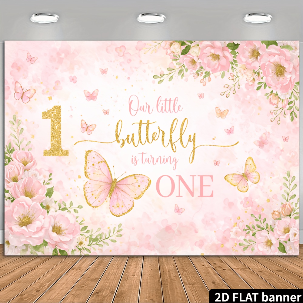 TEMU 2d Flat Theme 1st Birthday Backdrop, Pink Watercolor Style, Printed With "our Is Turning One" Text, Featuring Pink Roses, Butterflies, And "1"