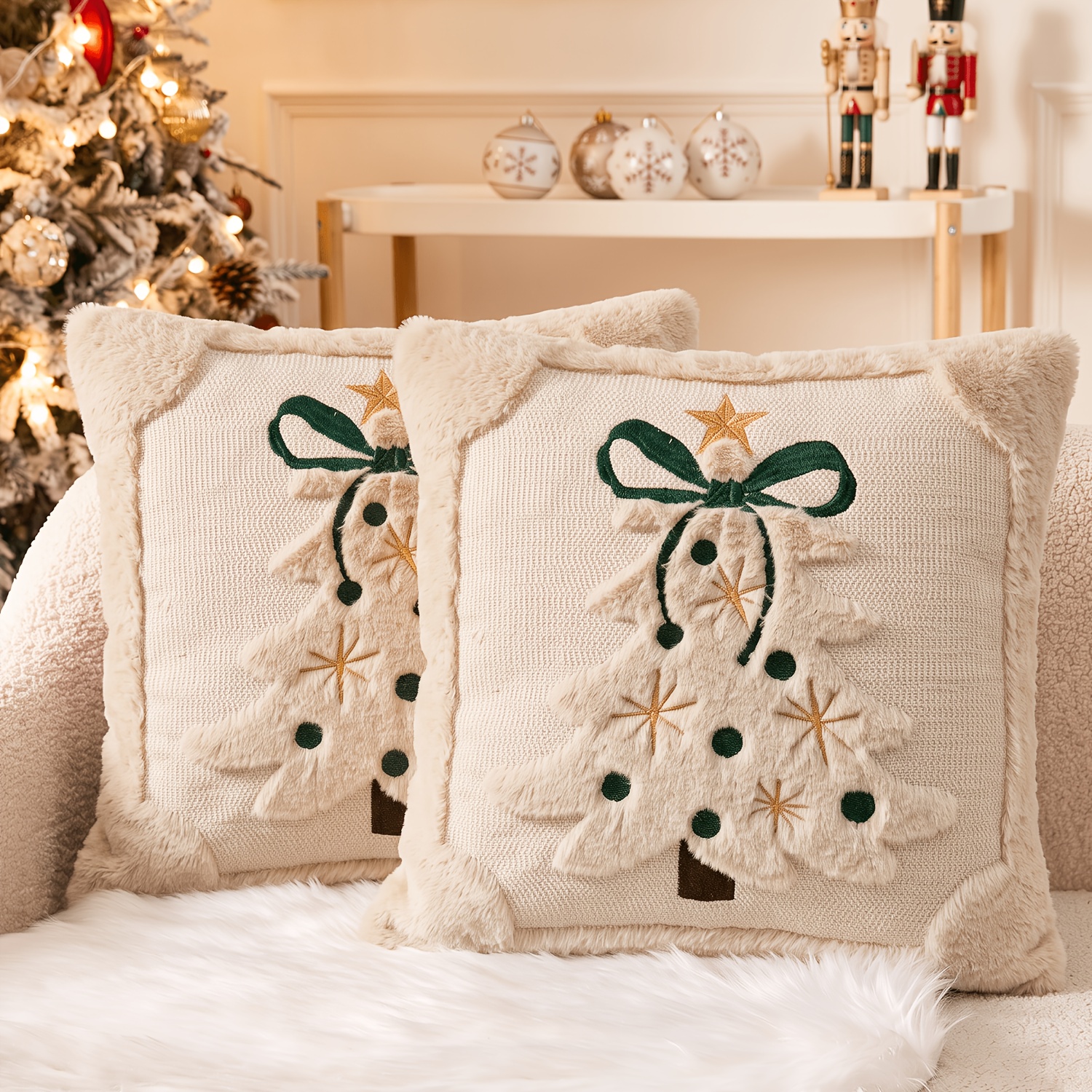 TEMU Lot de 2 housses de coussin jeté Jacquard 3D sapin de Noël avec nœud, housses de coussin d'hiver en fausse peluche à nœud et brodés, 18x18