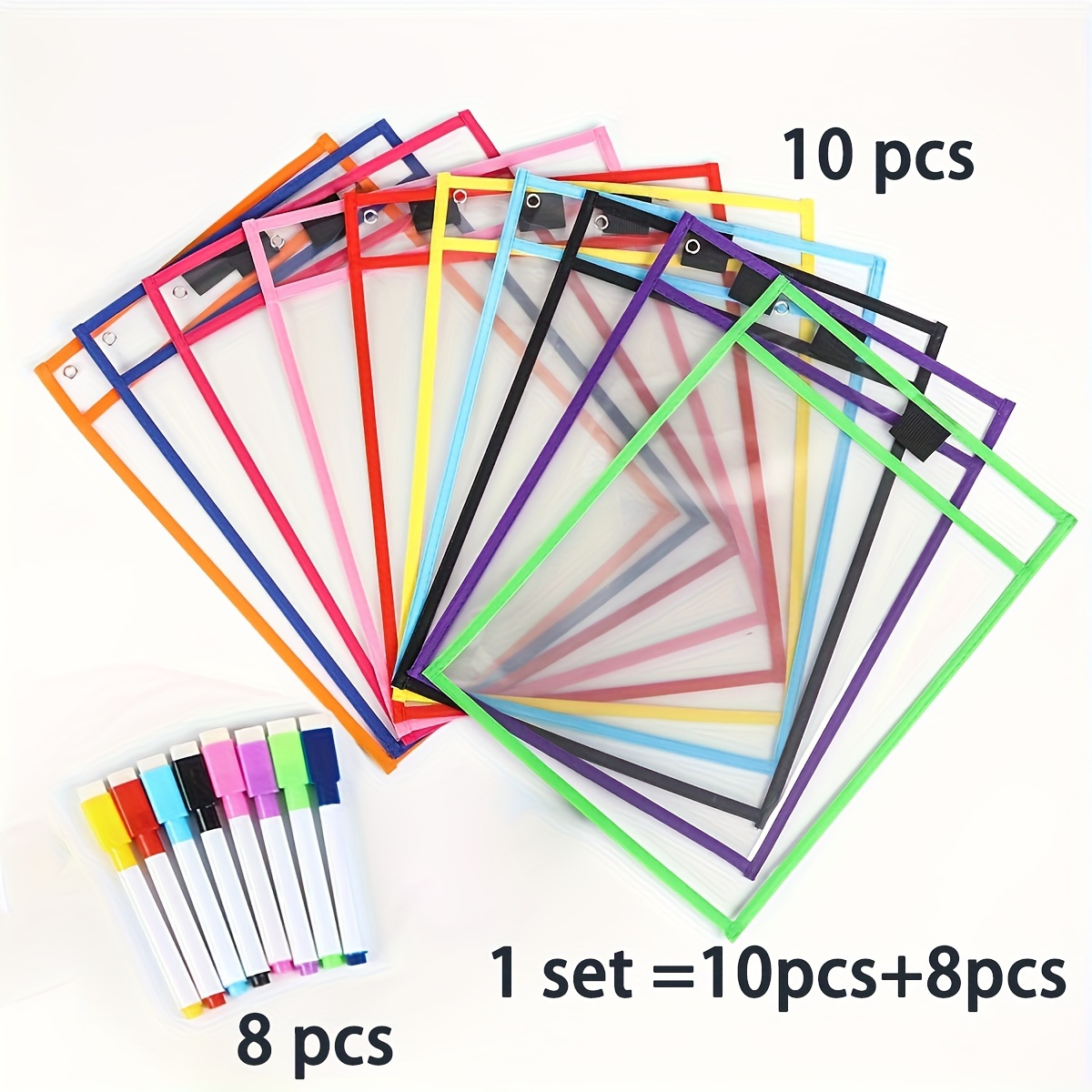 Image of 18pcs Set Reusable Dry Erase Pockets And Colorful Dry Erase Pens, Extra Large Writing Wipeable Pockets, Dry Erase Document Bags And Dry Erase Markers, Transparent Plastic Sheet Protective Film