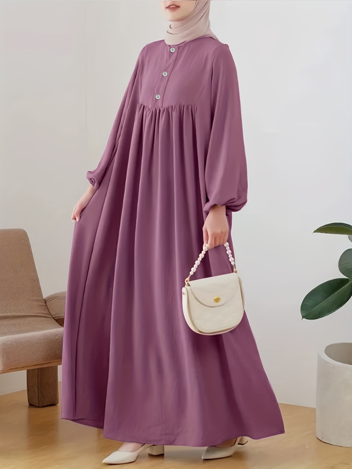 item picture 2025 new womens long robe stylish casual puff sleeve easy loose solid color dress without headscarf