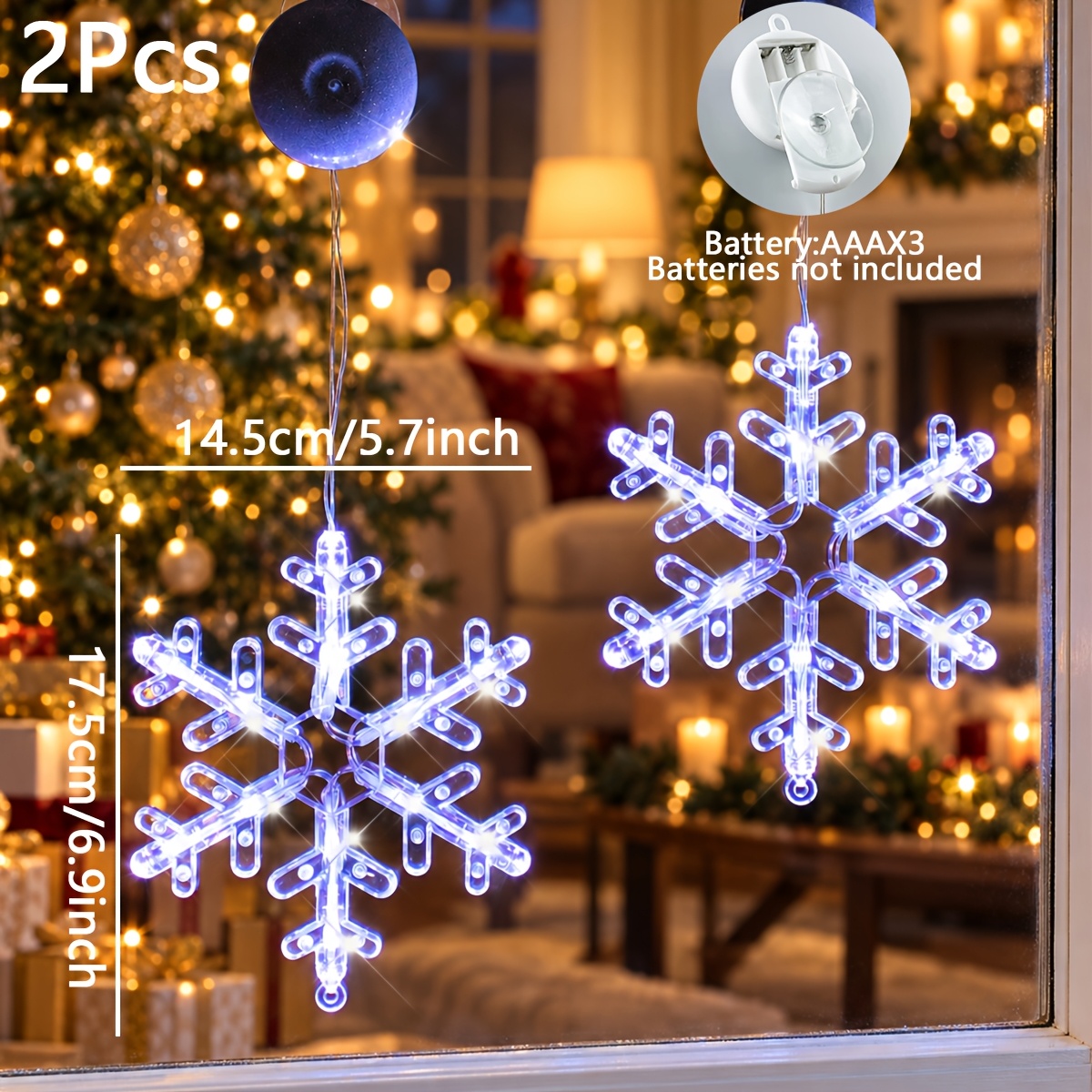 TEMU 2pcs, Christmas Window Lights Snowflake Led Sucker, Battery Operated, Sucker For Xmas Tree Indoor, Bedroom Lights, Christmas Decorations, Winter