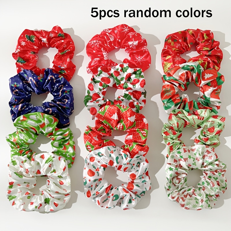 TEMU 5pcs Random Colors, Elastic Hair Ties, Women's Christmas Printed Satin Hair Scrunchies, Festive Snowflake Christmas Pattern Hair Bands, Soft