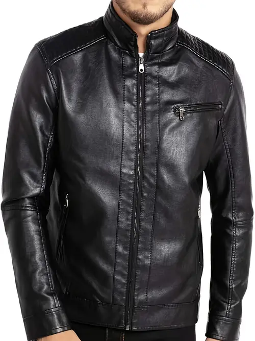 mens stand collar pu leather jacket lightweight pu leather motorcycle casual jacket