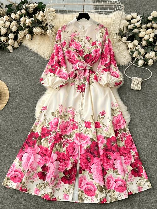 in stock spring summer new arrival elegant and gorgeous floral bohemian dress womens spring long sleeve stand up collar floral print belted long dress short style