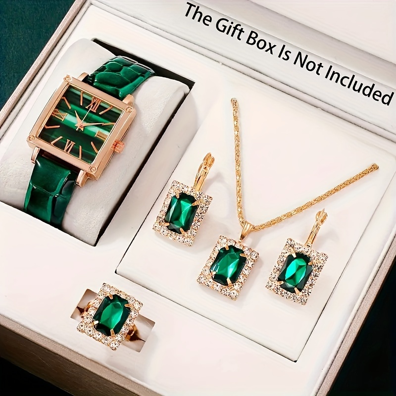 

5pcs/set Women's Watch Vintage Square Pointer Quartz Watch Analog Green Wrist Watch & Rhinestone Jewelry Set, Gift For Mom Her