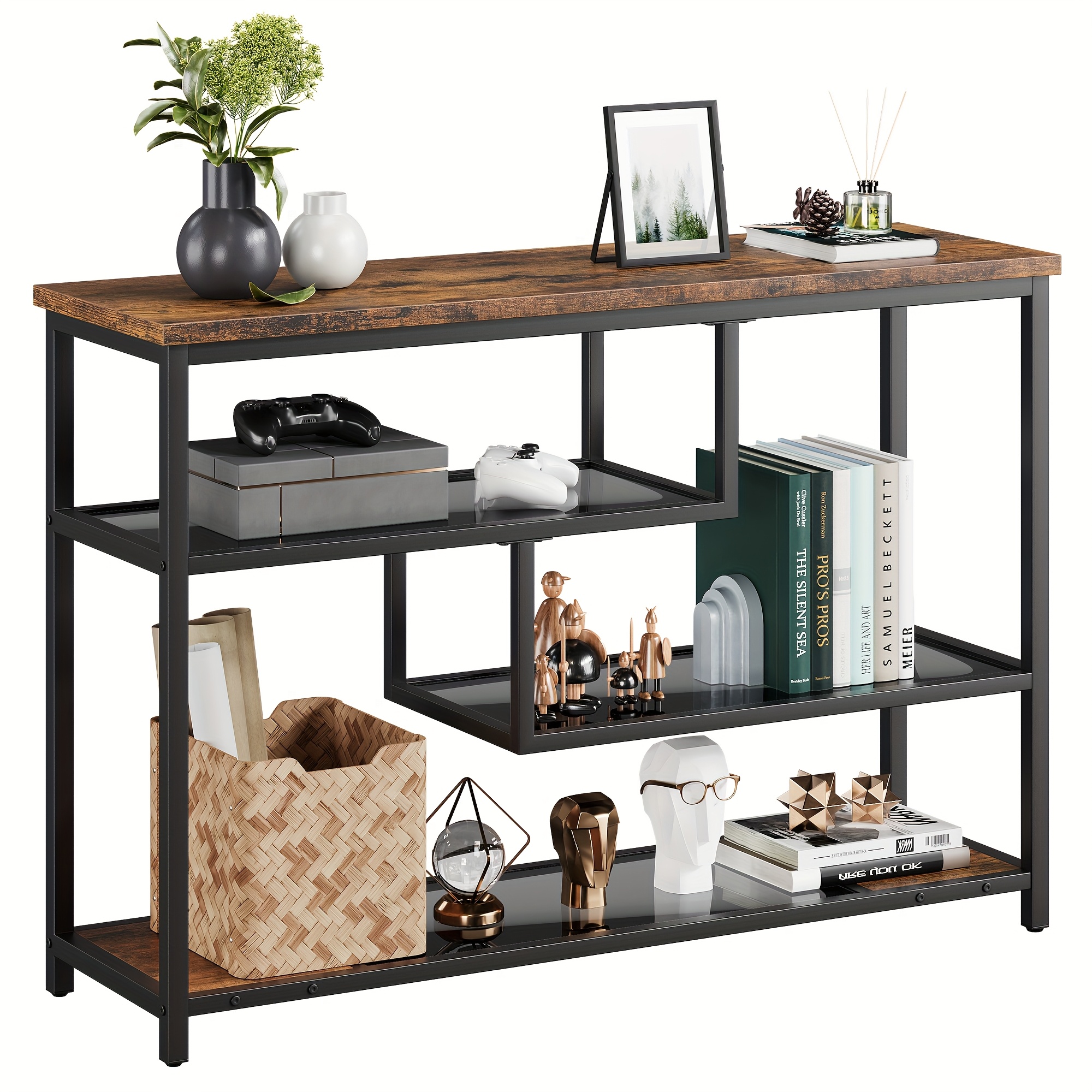 Console Table, 4-tier Sofa Tables Narrow Entryway Table With Glass Shelf And Metal Frame, 39.4" Behind Couch Table Industrial Hallway Table For Living Room, Foyer, Bedroom, Rustic Brown