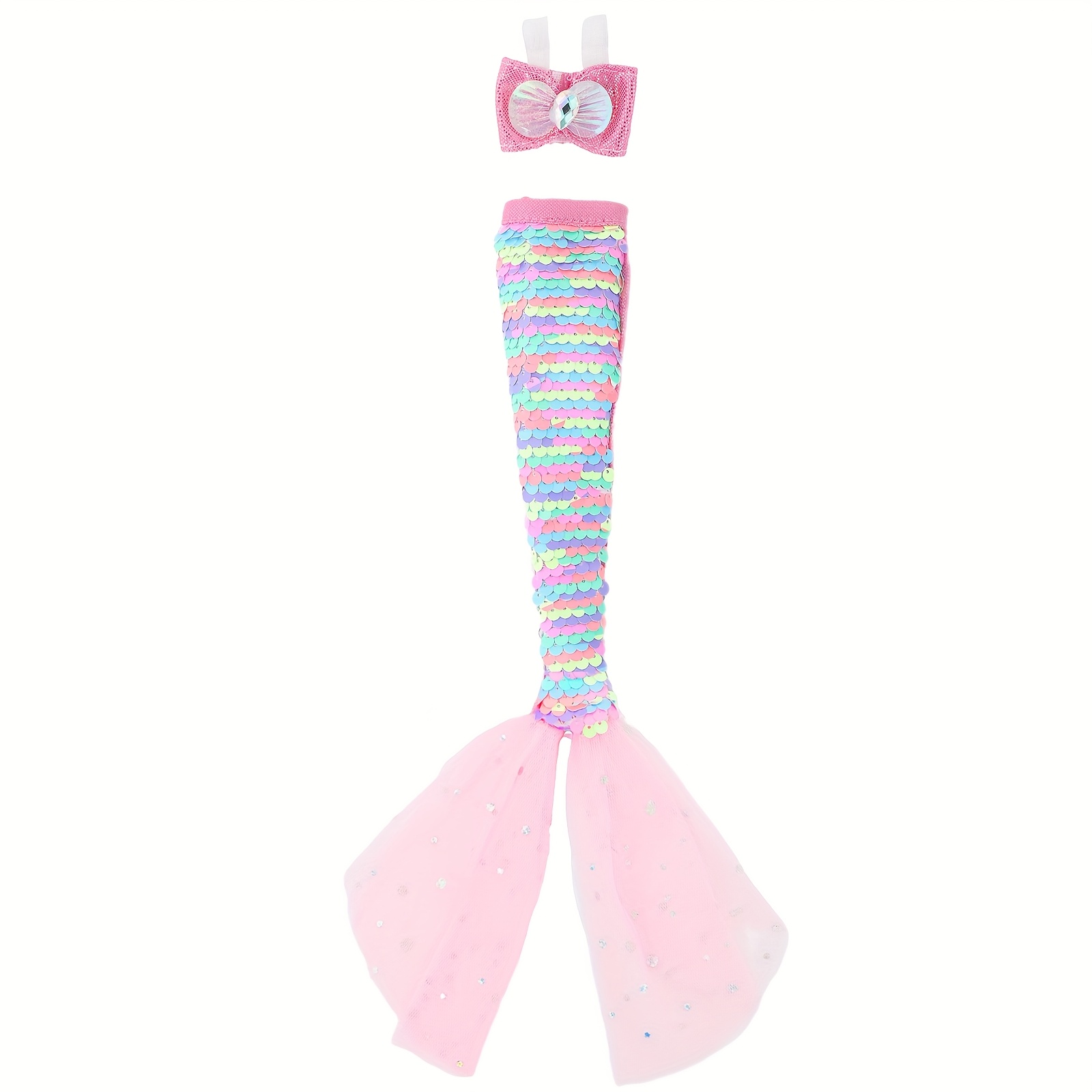 Image of 1 Set Fantasy Mermaid Outfit For 11.5 Inch Girl Doll, Fairy Tale Party Costume Accessories Dress, Pink Tops Rainbow Sequin Fish Tail Skirt (doll Not Included)