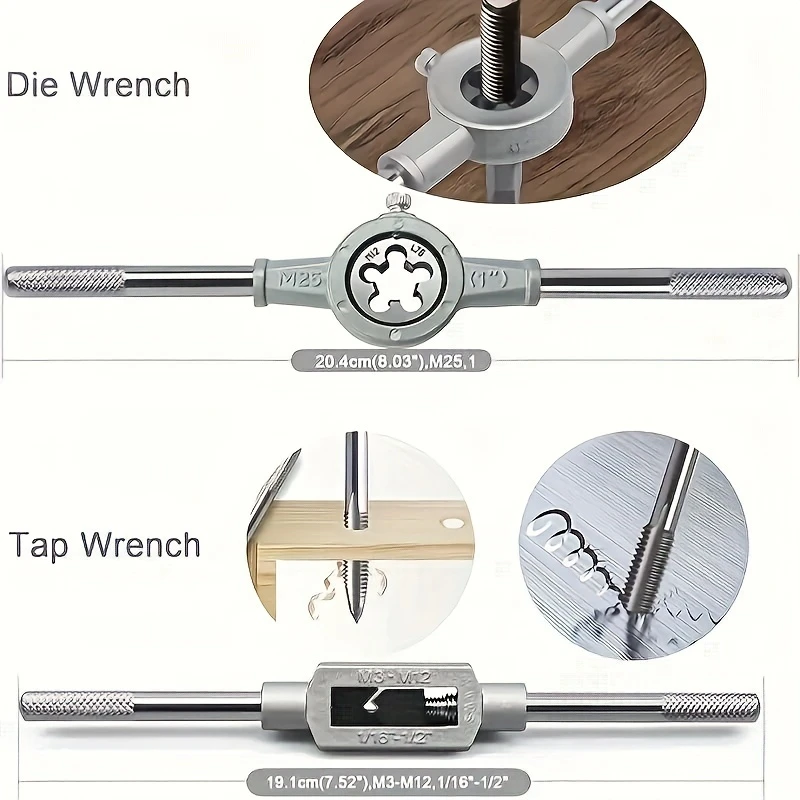 20pcs tap and die set with wrench handle metric sizes to m12 complete threading tool kit with storage box for projects details 1