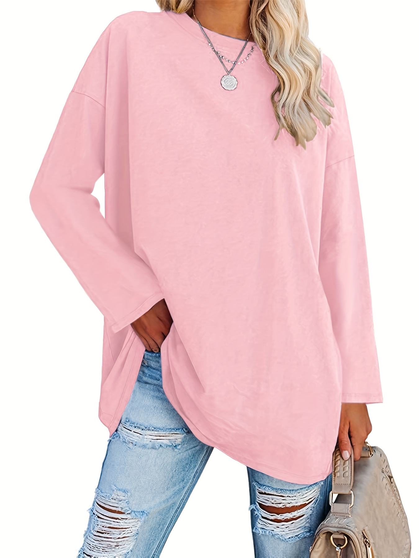 Moterys ilga marškinėlė, oversize, ilgi rankoviai, apykaklė/T-Shirt/Puloveris/Pradinė tunika