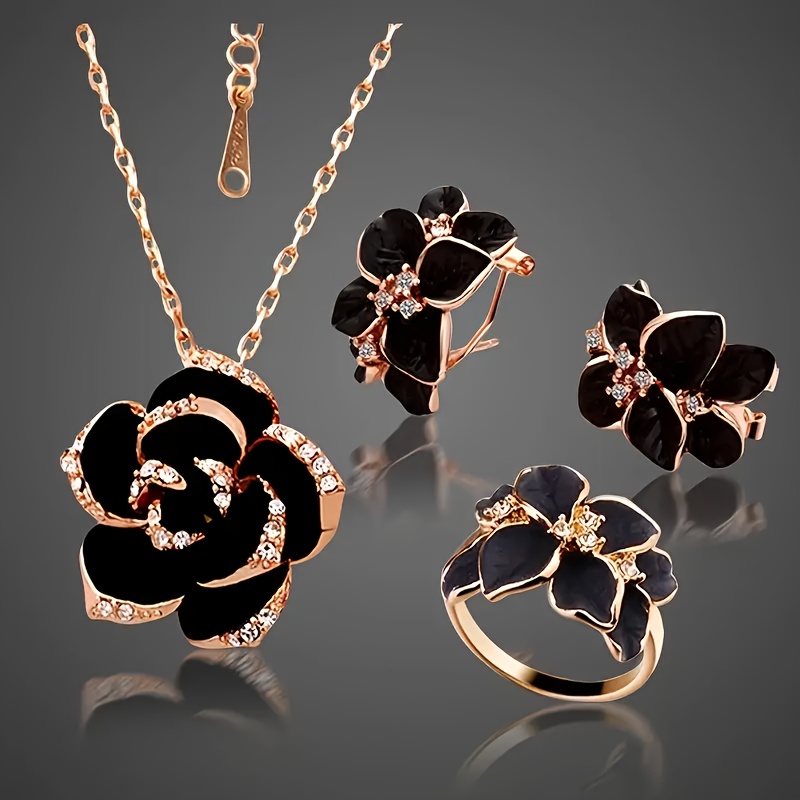 4pcs/set Of Earrings, Necklaces, And Rings, Fashionable Jewelry Set With Sparkling Rose Design, With Daily Clothing, Party Accessories, And The Best Valentine's Day Gift