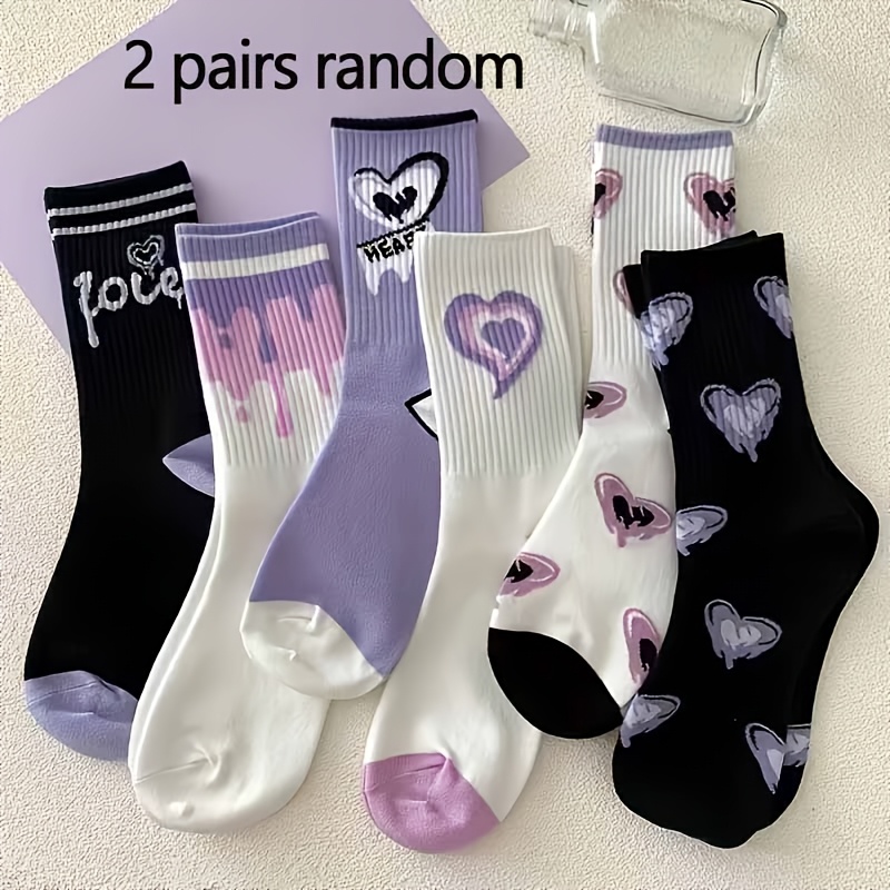 E-shop Wadenhohe Socken für Damen, Zufällige Mischung von Stilen, 2 Paar, Niedliche Trendige Streetstyle, Vielseitige Lange Sportsocken