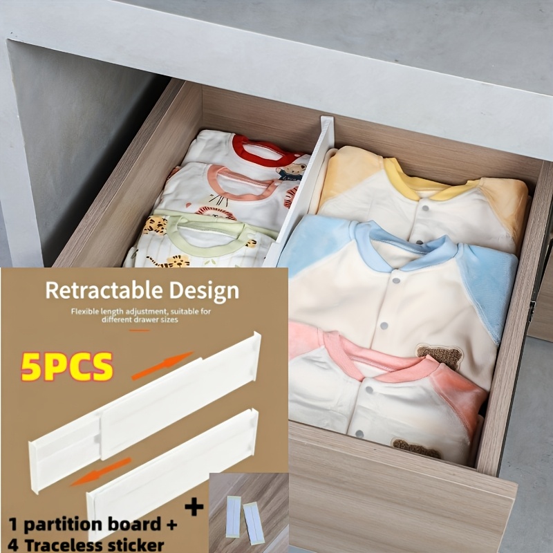 TEMU 5pcs Set: 1 Divider + 4 Damage-free Adhesive Pads, Adjustable Drawer Divider Set With Plastic Dividers, Suitable For Kitchen