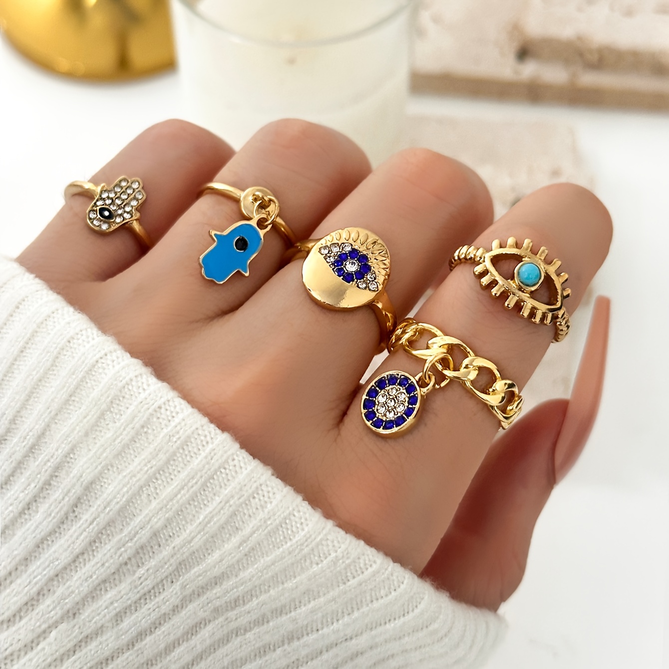 Image of 5pcs Set Alloy Drip-enamel Rhinestone Inlaid Pendant Ring Stacking Set, Vintage Ethnic Style Fashion Evil Eye Fatima Hand Eye Rhinestone Ring Stacking Set