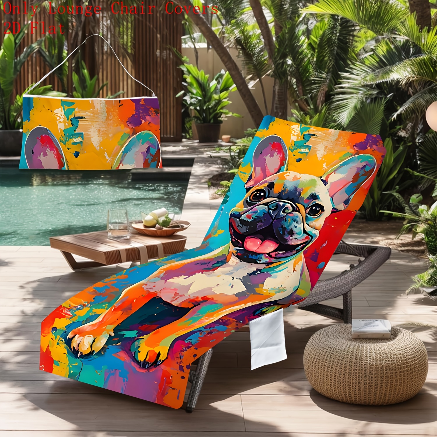 TEMU 2d Flat Colorful Watercolor Cute Bulldog Summer Outdoor Patio Lounge Chair Cover Towels With Pockets, Lounger Towel With Pockets