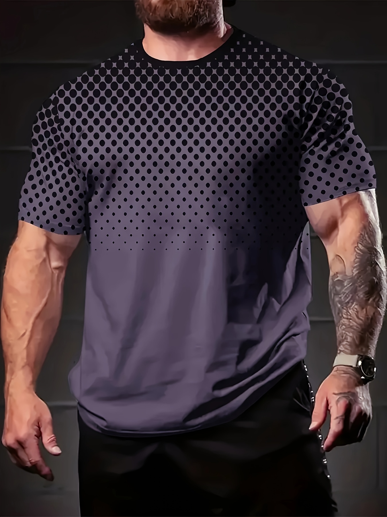 Men'S Plus Size Black Dot Print Short Sleeve T-Shirt, Casual Crew Neck Tee, Fashion Breathable Quick-Dry Top, Loose Fit Outdoor Streetwear, 95% Polyester 5% Spandex, 150g/m? Knit Fabric